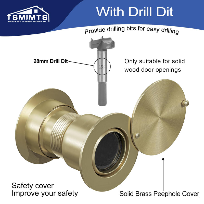 Door Viewer Peephole, Solid Brass 220 Degree HD Door Viewer, with 1-7/64″ (28mm) Drill Bit and Privacy Cover, Compatible with Door Thick from 1-21/32" to 2-1/8" Satin Gold Finish