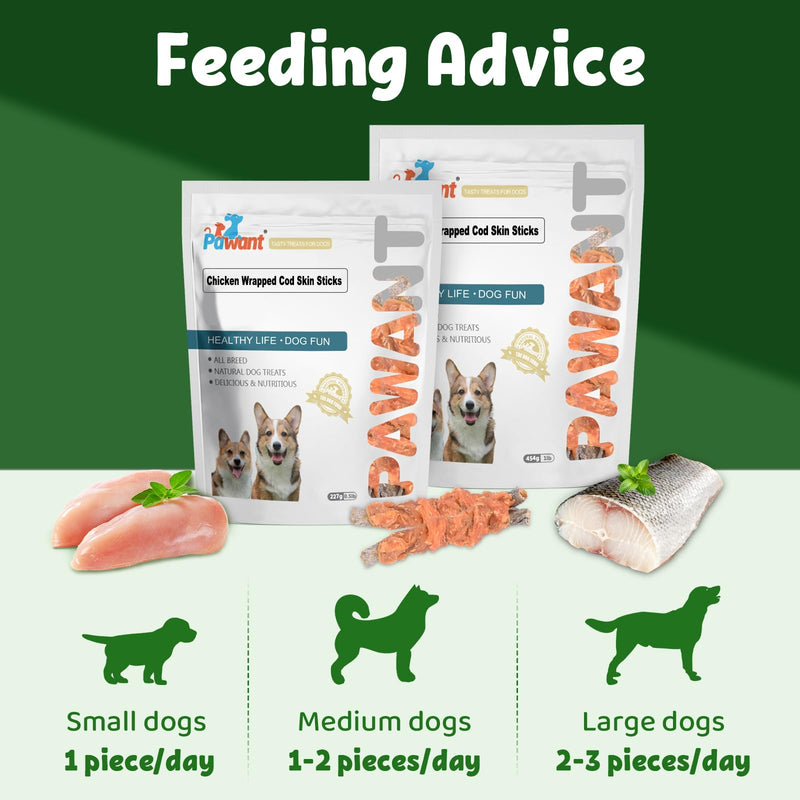 Chicken Wrapped Cod Skin Dog Treats, 45% Real Chicken & 45% Fish Skin - High Protein Omega-3 Dog Chews for Skin & Coat Health - Rawhide Free, Training Snacks for All Breeds 16oz Chicken Wrapped Cod Skin Sticks 1 Pound (Pack of 1)