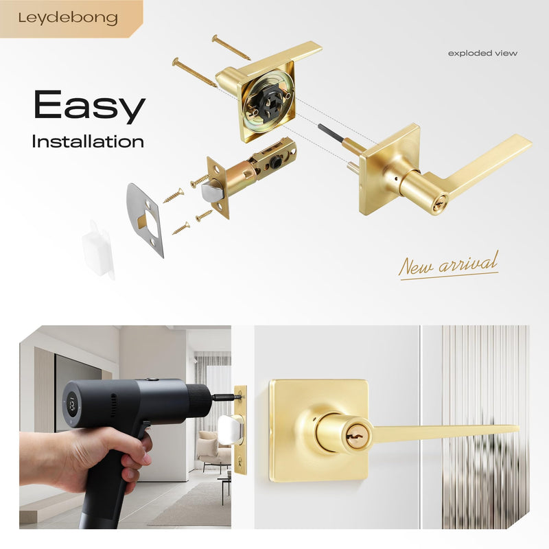 Leydebong 2 Pack Keyed Entry Lever Lock, Square Sleek Door Handle with Keys Gold Entry Lever for Office & Exterior Door Keyed Alike Door Handle Satin Brass