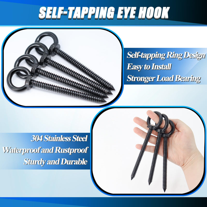 OHIYO 6.3 Inch Heavy Duty Eye Hooks M10 Self Tapping Eyelet Screw Load Capacity 850 LBS Heavy Duty Screw in Eye Hooks for Hammock Stand, Swing Chair, Yoga, Heavy Indoor & Outdoor Uses (Black) Black