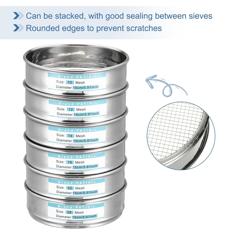 PATIKIL 6 Mesh(3.2mm) Lab Sieve, 5.9"(15cm) Diameter Sifting Screen 304 Stainless Steel Wire Cloth Fine Mesh Sieve for Industrial Laboratory Home Soil Sifter Dry Sift Screens Hash 6 Mesh(3.2mm)