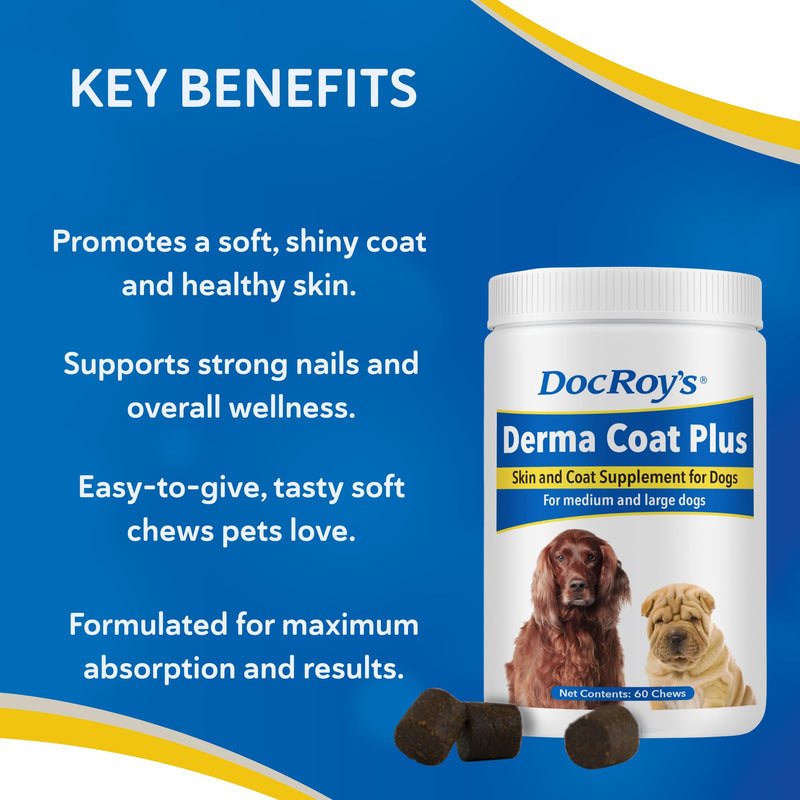 Doc Roy’s Derma Coat Plus Supplement for Dogs, Supports Healthy Skin, Coat & Nails, with Omega 3-6-9 Fatty Acids, Biotin & Antioxidants, 60 Count for Medium & Large Dogs 60ct Medium & Large Dogs