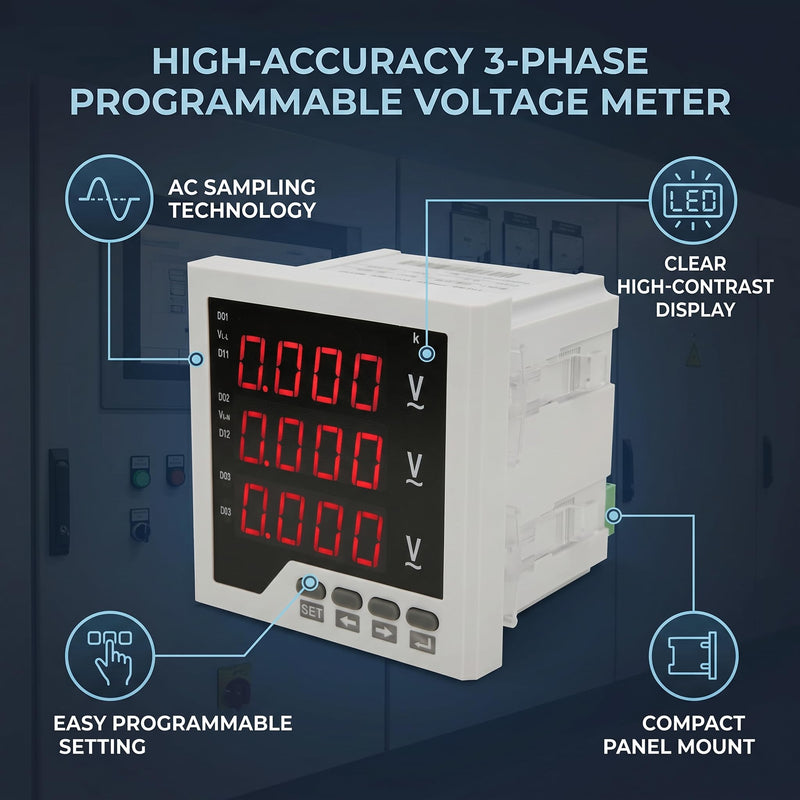 3 Phase Voltage Meter AC 450V, DTM-AV96 Digital Voltmeter 1 LED Display Panel Programmable Voltage Current Frequency Tester