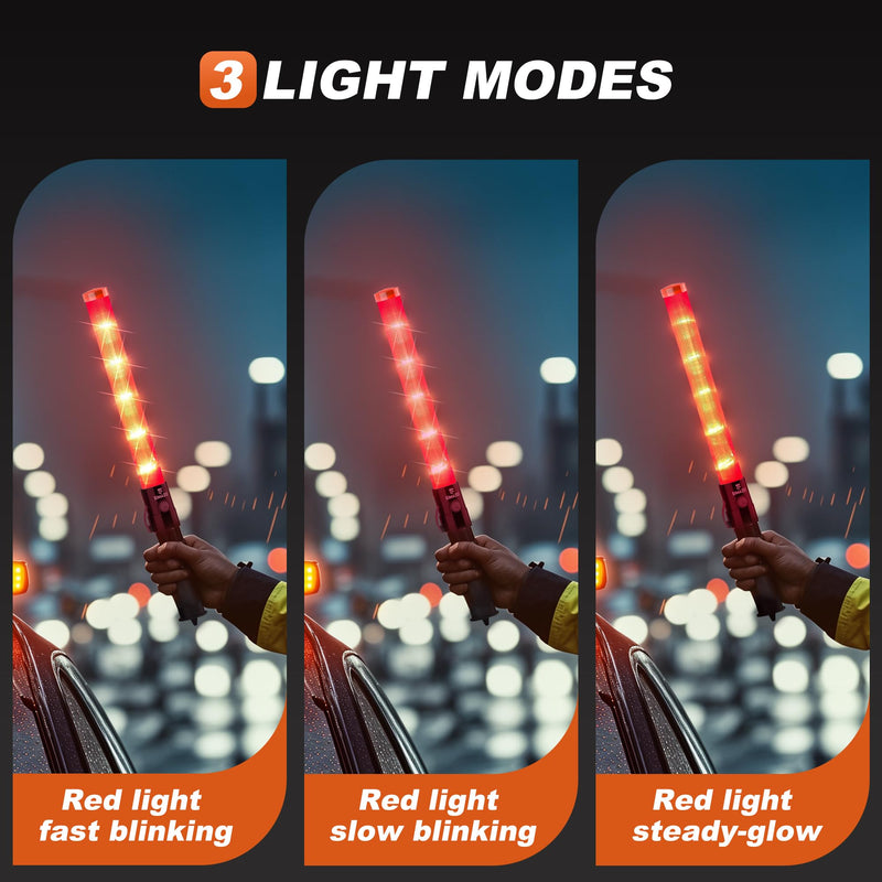 6 Pack 16 Inch Signal Traffic Wand, Red LED Traffic Control Wand with 3 Flashing Modes, Traffic Safety Baton with Wrist Strap for Car Directing, Parking Guides 6 Pack