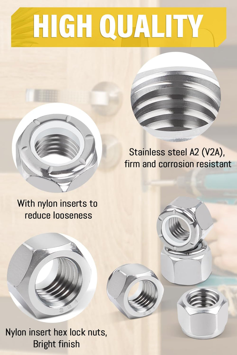 100Pcs 1/4"-20 Nylon Insert Hex Lock Nuts A2 304 Stainless Steel Self Locking Nuts for Industrial Construction Fasteners 100