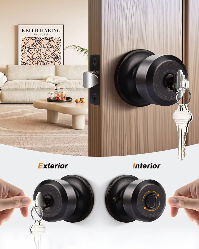 Probrico Keyed Alike Entry Door Knobs, Oil Rubbed Bronze Cylindrical Shape Interior Door Knobs with Lock and Keys,3 Pack