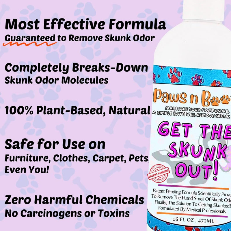 Get The Skunk Out! The Most Effective Skunk Odor Removing Shampoo for Pets Ever Made. All-Natural, Safe, Enzymatic Formula. Patent-Pending Technology. Non-Toxic, Safe to Use on All Pets - PawsPlanet Australia