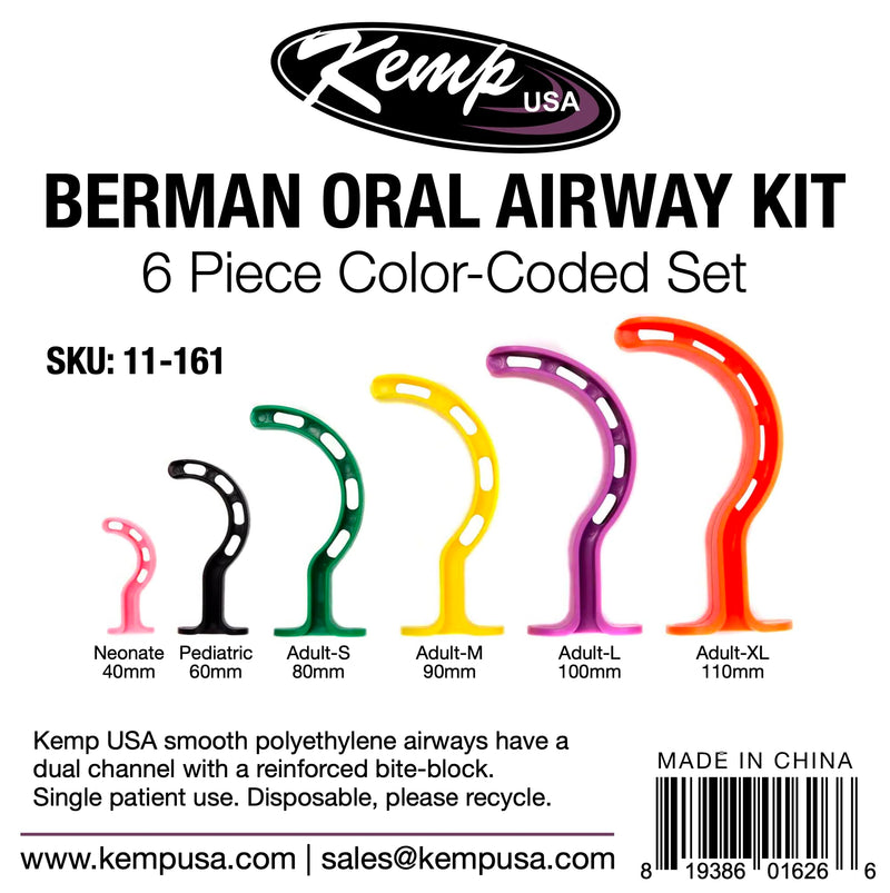 Kemp USA Berman Oral Airway 6 Piece Kit, OPA Kit, Color Coded, Dual Channel with Reinforced Bite-Block