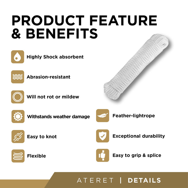 ATERET 1/4 inch by 80 Feet Polyester Rope I Multipurpose Clothelines Rope, UV Resistant & Excellent Shock Absorption I Ideal Use for Camping, Clothesline & Marine (1-Pack) 1/4" x 80' (1 Pack) White