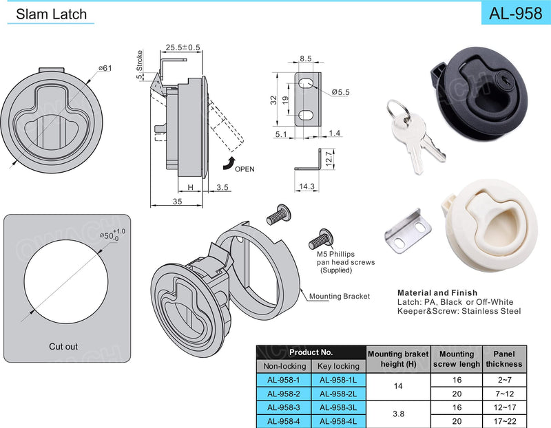 Slam Latch Hatch Round Pull Latch (OWACH AL-958-3) for 1/2" Door Replace Southco M1-63 RV Marine Boat Black 1/2" door, Non-locking