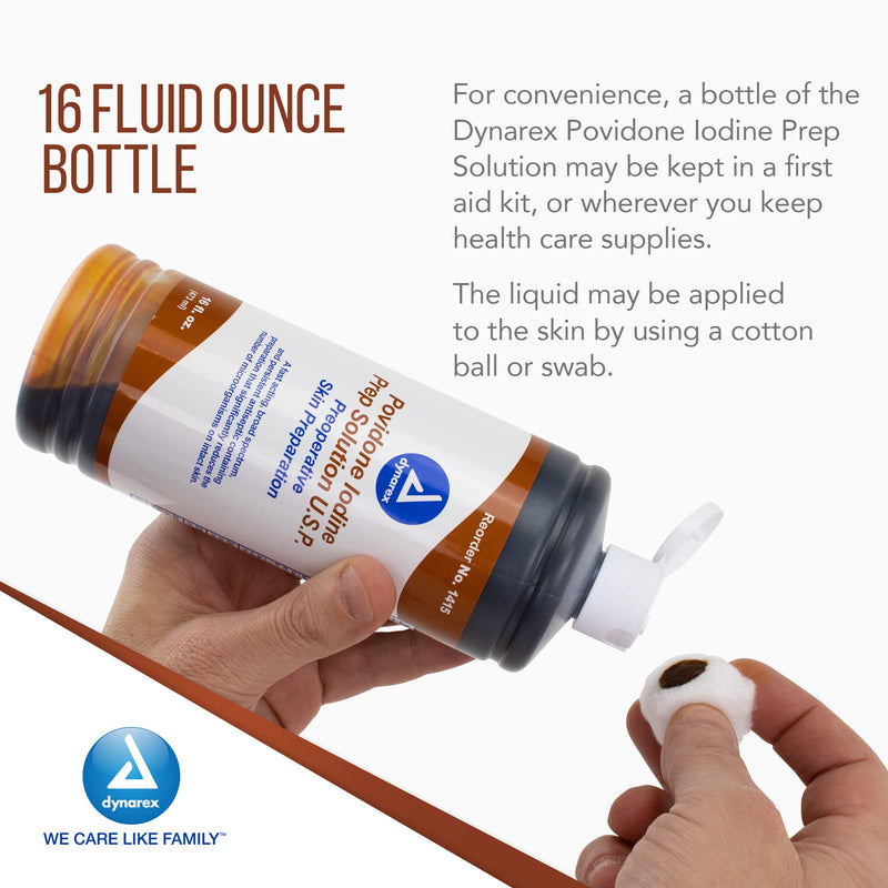 Dynarex Povidone Iodine Prep Solution USP, Effective Topical Antiseptic Liquid for Skin and Mucosa, Cleansing and Preparation, Brown, 1 - 16 Fluid Oz. Bottle Unflavored 16 Fl Oz (Pack of 1)