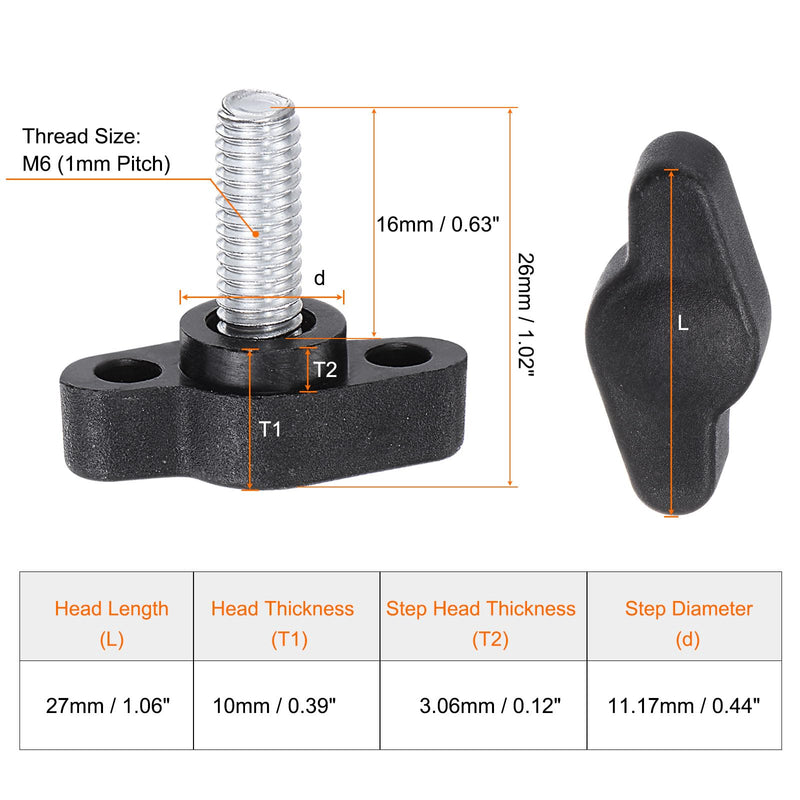 HARFINGTON 10pcs Tee Wing Knobs Thumb Screws M6 x 16mm Male Thread 27mm Plastic Head T Knobs Adjustable Handles Hand Clamping Knobs Grip Thumbscrew, Black