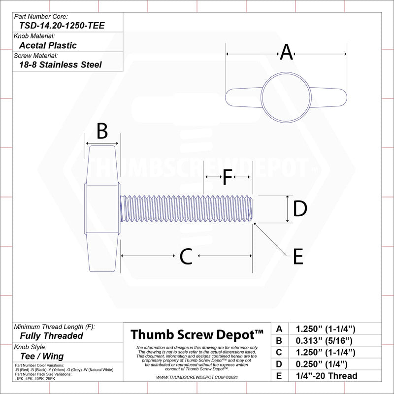 1/4"-20 x 1-1/4" Thumb Screw Stainless Steel - Black Tee Wing Plastic Knob - Standard/Coarse Thread Thumbscrew - Length: 1.250" - Proudly Built in USA - Package of (4) 4 - NewNest Australia