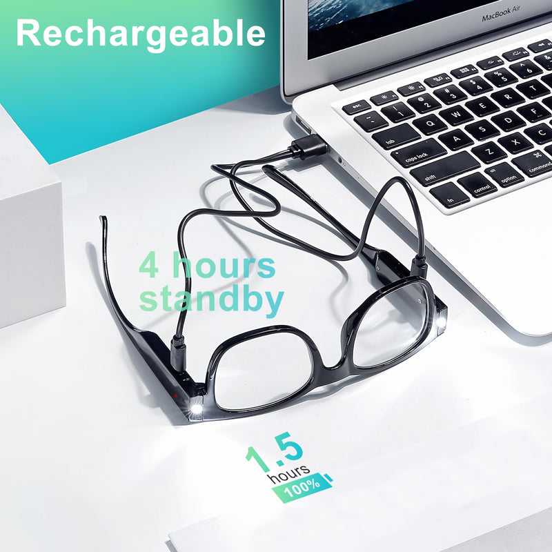 SKYWAY Reading Glasses Lighted Rechargeable Bright LED Readers with Lights Eyewear Clear Vision Unisex Square-black 2.0 x