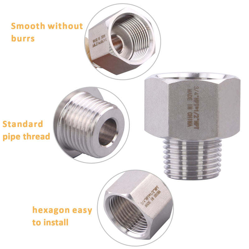 Forged Reducer Adapter Fitting - Stainless Steel 304 Reducing Pipe Connector, 3/4" NPT Female x 1/2" NPT Male (pack of 2) 3/4" Female x 1/2" Male Pack of 2