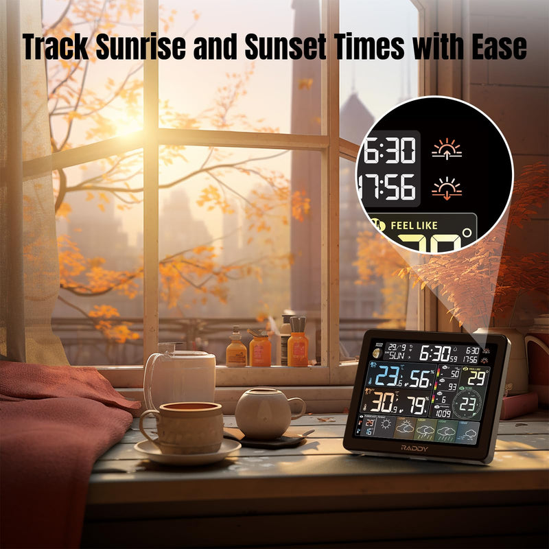 Raddy N80 Smart Wi-Fi Weather Station with APP Control, Indoor Outdoor Thermometer Wireless with 8 Inch Large Display, Sunset/Sunrise Time, PM2.5/AQI, UV Index, 4 Alarm Clock
