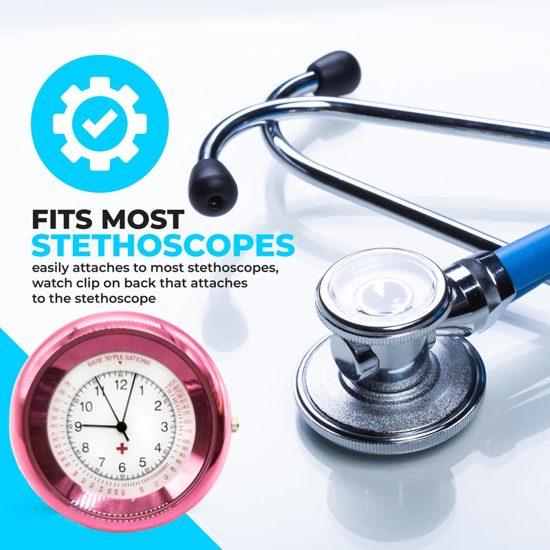 Nurse Stethoscope Watch - Lightweight Metal Frame- Attaches Directly to Stethoscope for All Medical Professionals - Pink
