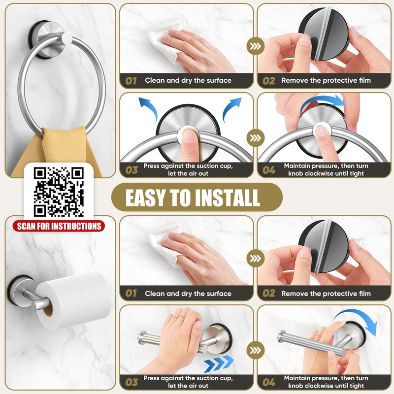 BKV Suction Cup Towel Ring,Hand Towel Holder for Bathroom,Stainless Steel Heavy Duty Round Towel Hanger for Bath,Kitchen-Brushed Nickel Silver