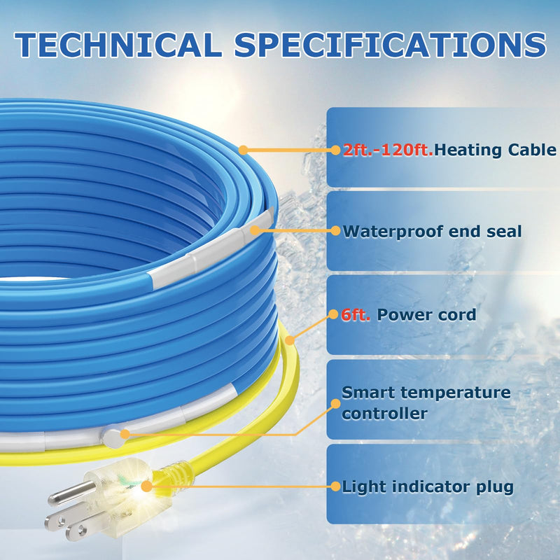 6 FT Heating Cable for Water Pipes with Upgraded Thermostat, Heat Trace for Metal And Plastic Home Water Pipes YeloDeer, 120 V Electric Pipe Heat Cable for Pipe Freeze Protection 6-Feet