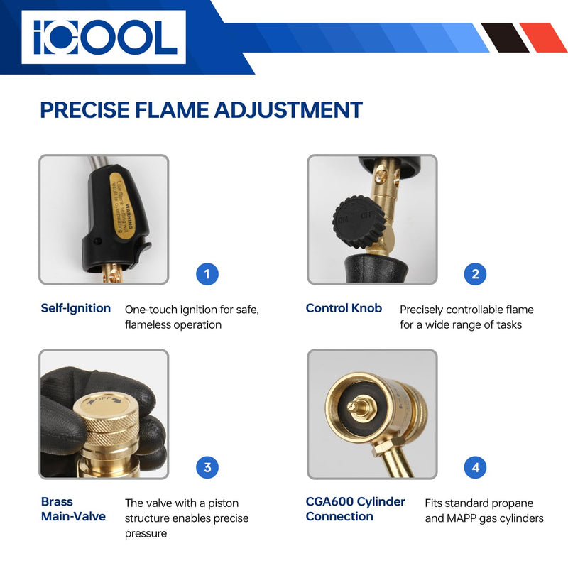 ICOOL Propane Torch with Hose, Mapp Gas Torch with Valve, Trigger Start Maximum Temperature 3600℉, CGA600 Cylinder Connection, Welding Torch for Soldering, Plumbing, HVAC (Includes Cylinder Clip) Quick ignition with Valve