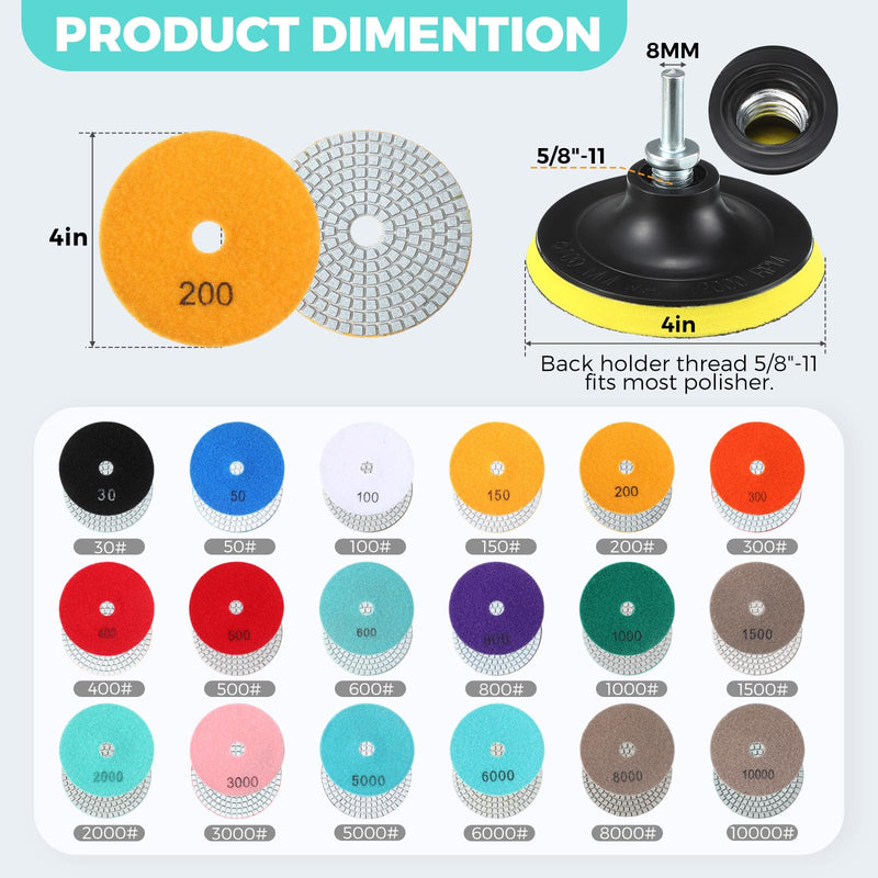 Blosssound 20 Pcs 4 Inch Diamond Polishing Pads with 5/8''-11 Backer Pad and Drill Bit Adapter Wet Dry Polish Pad Kit Granite Polishing Kit 30-10000 Grit Pads for Granite Marble Stone