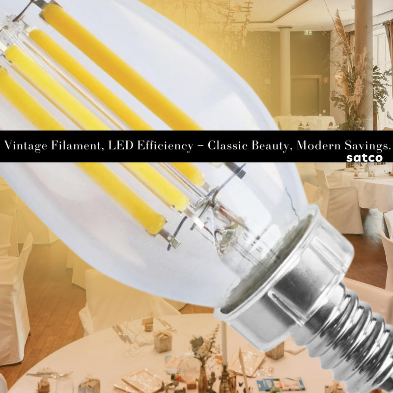 Satco S11385 8W C11 LED Filament Candle Bulb, 3000K Soft White, 760 Lumens, E12 Candelabra Base, Clear Finish, 90+ CRI, Dimmable, Energy-Efficient, for Chandeliers and Decorative Fixtures (6 Pack)