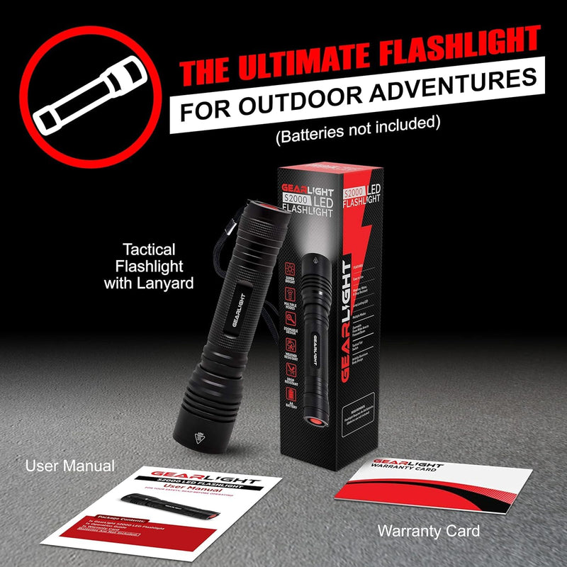 LED Flashlight High Lumens, Tactical Flashlight Battery Powered (Batteries Not Included), Bright Handheld Flashlight for Camping, Hunting, Home, Security, Hiking, Walking at Night & Emergency Use S2000 Black Battery-Powered