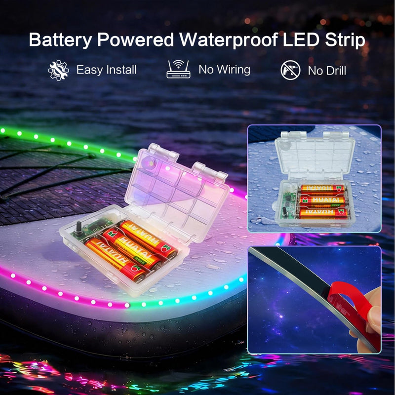Battery Powered RGB+IC Dream Color Chasing Marine Boat LED Strip Lights with Remote, 16.4FT IP68 Waterproof WS2812B Addressable Kayak SUP Light for Pontoon, Paddleboard, Canoes, Golf Cart 1 x 16.4FT