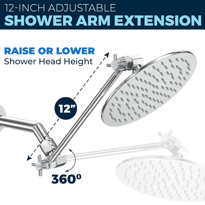 HammerHead Showers® ALL METAL 12 Inch Shower Head Extension Arm - Adjustable Shower Arm Extension Raises Showerhead Height - Shower Extender Arm Supports up to 10lbs — Chrome 12 Inches Polished Chrome