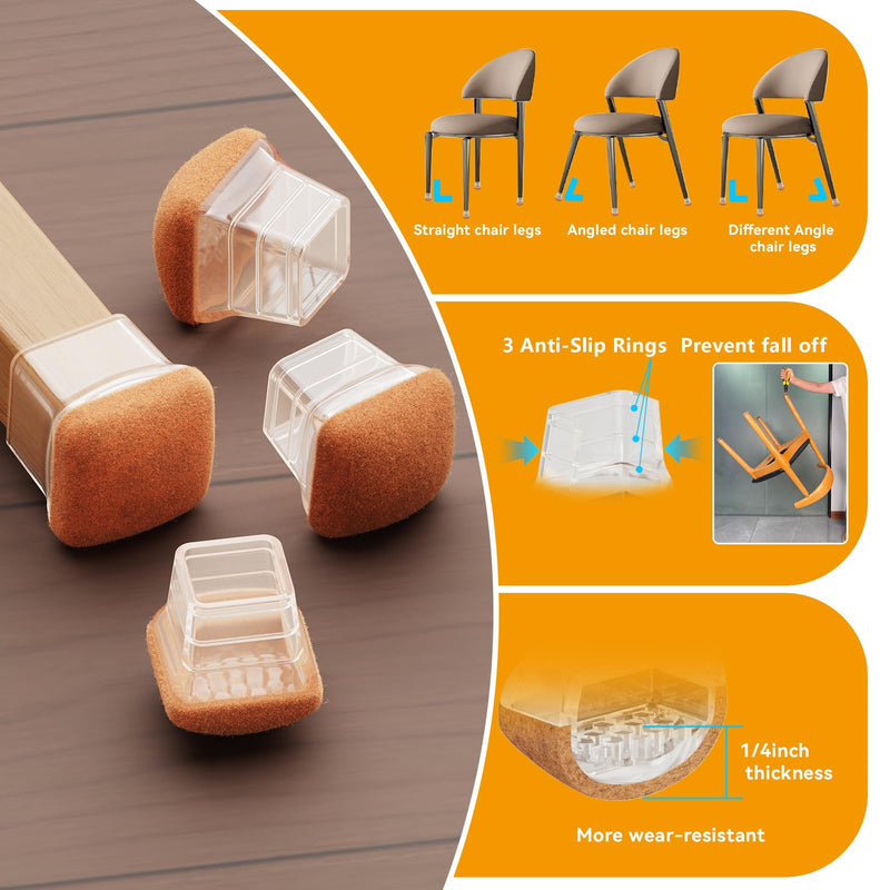 24pcs Chair Leg Floor Protectors for Hardwood Floor |Protect Wood Tile Floors Chair Leg Caps with Wrapped Felt Pads| Anti-Scratch Reduce Noise |Fit Angled Chair Legs| Clear Square M Fit:0.8"-1.0" 24pcs Clear Square-M (0.8-1.0inch)