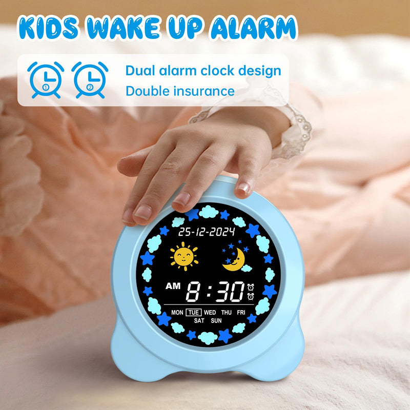 Kids Alarm Clock, Sun & Moon LED Display with Day & Date, Children's Sleep Trainer with Night Light & Sleep Sounds, Cute Wake Up Clock for Kids Bedroom, Easy to Use Birthday Gift for Boy and Girls Sky Blue