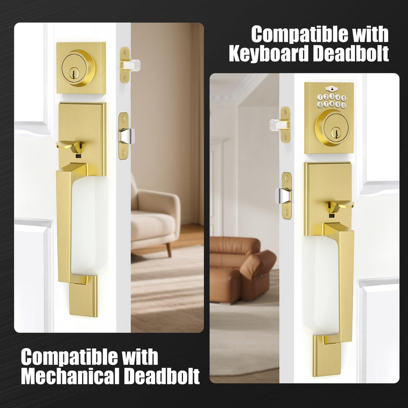 Front Door Handle Set, Front Entry Handleset with Glass Knob No Lock, Exterior Gold Door Handle for Right& Left Handed Doors, Zinc Alloy, Satin Brass Crystal Knob(No Lock)