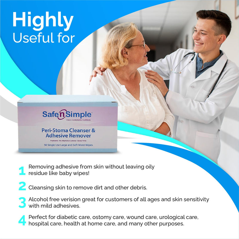 Safe n' Simple Adhesive Remover for Skin - 5"x7" 50 Wipes - Stoma Adhesive Remover Wipes - Alcohol Free Wipes for Sensitive Skin - No Sting Adhesive Remover Wipes 50 Count (Pack of 1) Alcohol-Free