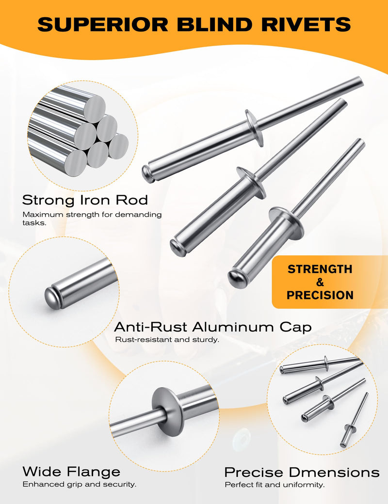 250 PCs 1/8'' x 1/4''Aluminum Blind Rivets, Pack of 250 CT 3.2mm x 6mm Pop Rivets with Aluminum Grip and Steel Mandrel 1/8 x 1/4'' 250 Pcs