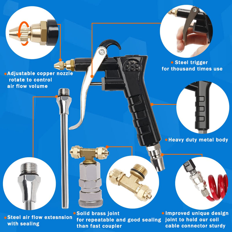 Heavy Duty Truck Air Duster Blow Gun Cleaning with 9 Meter Long Coil and 2 interchangeable nozzle tips- Red Air Seat Blow Gun Kit