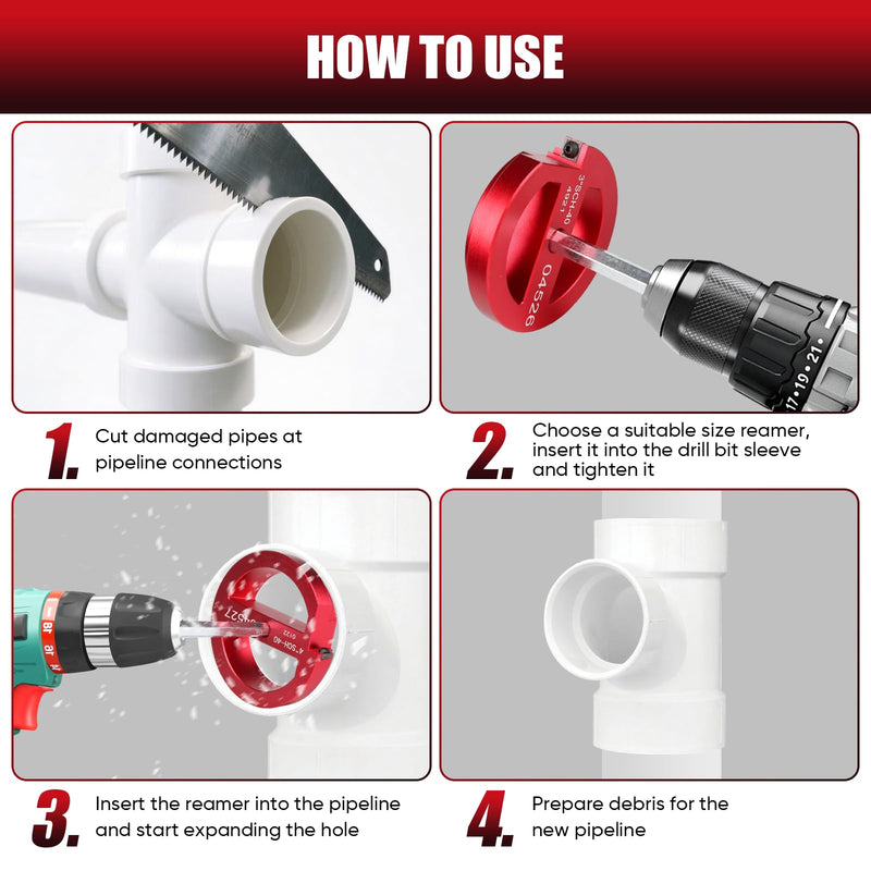 6-Pcs PVC Pipe Reamer Set with 2 Carbide Square Cutting Blades Sizes: , 3/4”, 1“, 1-1/2“, 2”, 3“, 4” Aluminum Cutting Head For PVC, CPVC, or ABS Piping (Red)