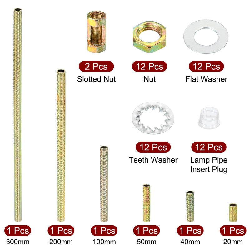 PATIKIL 1/8IP Thread 6 Size Lamp Pipe Kit with Lock Nuts Washers, 1 Set Fasteners Assortment Hardware for Chandelier Ceiling Light DIY, Zinc Plating