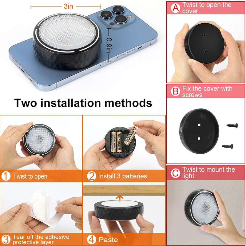 LED Puck Lights with Remote Battery Operated Under Cabinet Lighting Wireless Stick on Lights Color Changing Timer Tap Lights for Cabinets Shelves Closets Display Case - 6Pack Black 6 Pack