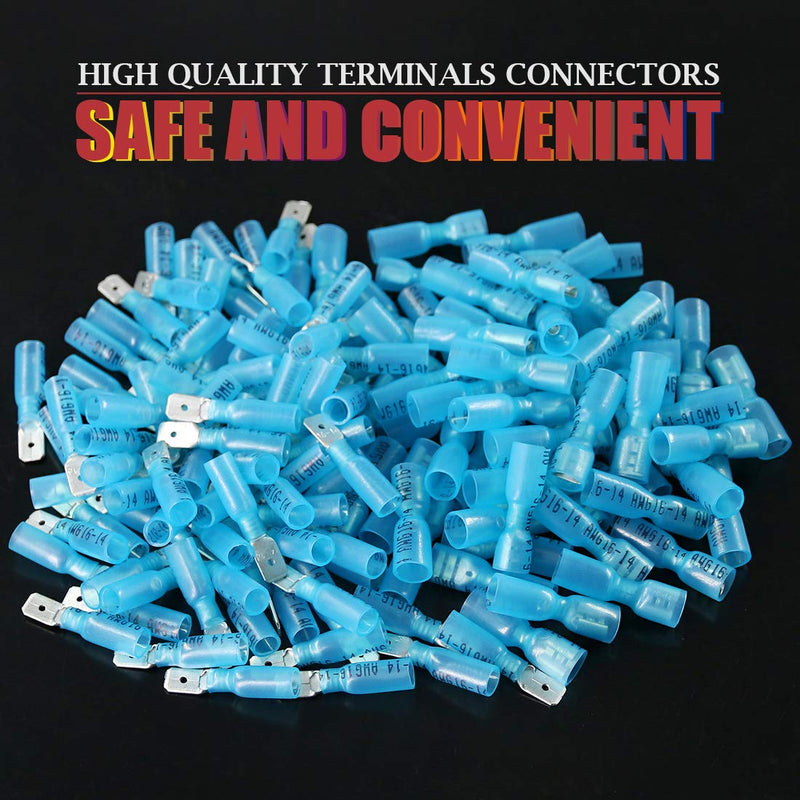 Hilitchi 100Pcs Nylon Heat Shrink Fully Insulated Female Male Spade Wire Electrical Crimp Terminal Quick Wiring Connector (50 Male 50 Female Connectors Blue / 16-14AWG)