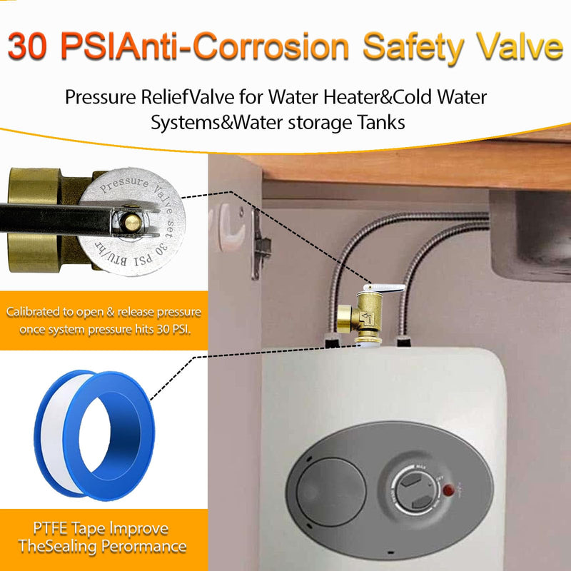 Upgraded 3/4" T&P Pressure Relief Valve with 3/4 NPT Thread for Hot Water Heater- 30 PSI ，Pressure Relief Valve for Boiler Water Heater&Cold Water Systems& Water storage Tanks 3/4"with 30PSI