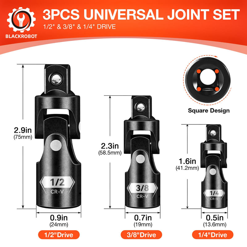 Universal Joint Set 3PCS, 1/2" 3/8" 1/4" Drive Socket Adapter Set, Premium CR-V Steel Swivel Socket Set, Access Fasteners at Any Angle 3PCS Universal Joint Set