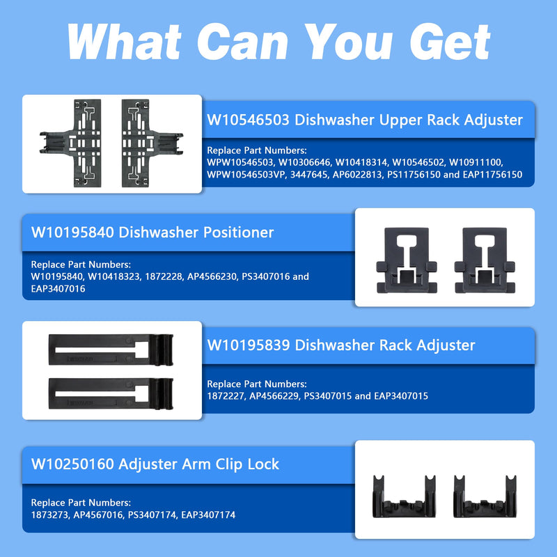 Upgraded WPW10546503 Dishwasher Top Rack Adjuster Compatible with Kitcheneaid Dishwasher Parts Upper Rack, Includes W10546503 W10195840 W10195839 W10250160 Part for Whirlpool kenmore Dishwasher, 8 PCS