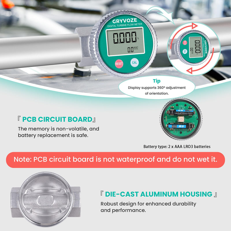 1 Inch Digital Water and Fuel Flow Meter Kit - with 360° Swivel Connector and Two Male Connectors - IP68 Waterproof and EMI Resistant, 2.4-26.4 GPM Inline NPT Flowmeter 1 inch