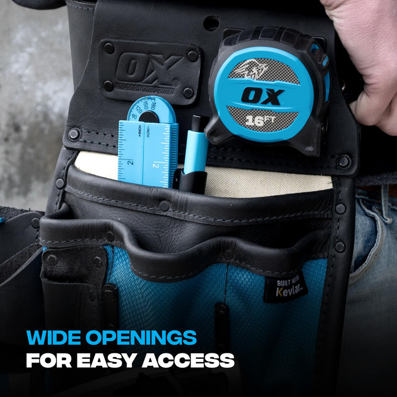 OX 10-Pocket Leather & Nylon Drywall Tool Pouch with Kevlar | Top-grain leather + 1680D ballistic nylon - hammer holder, tape holder - fits 2 to 3 in work belts