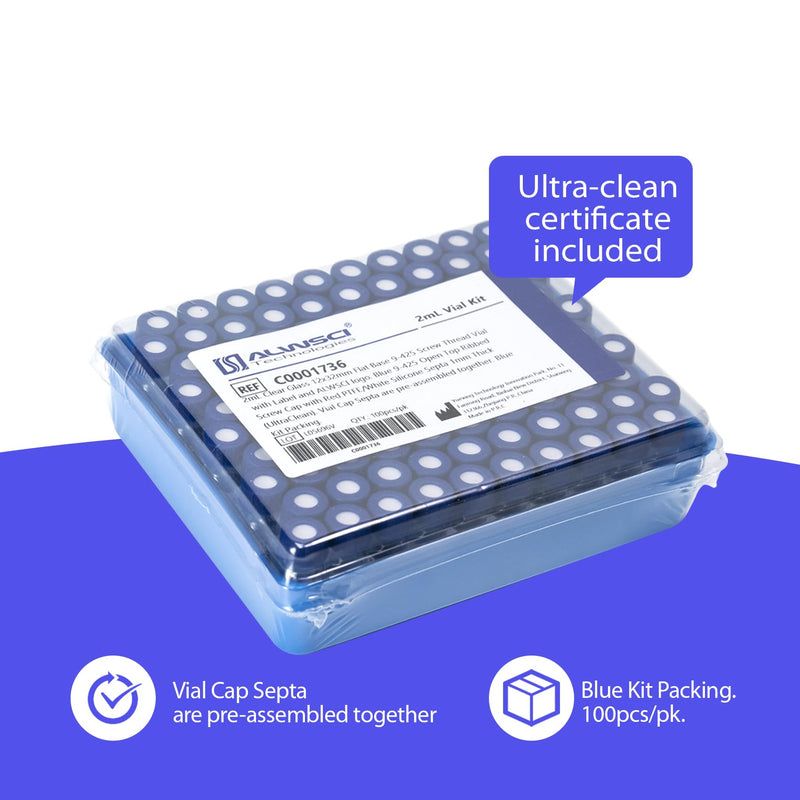ALWSCI Ultraclean Vials for Chromatography Kit, 2 ml 9 mm HPLC Vial, Amber Autosampler Vial with Graduation, 9-425 Blue Screw Cap with Hole, Red PTFE&White Silicone Septa, 100 of Pack