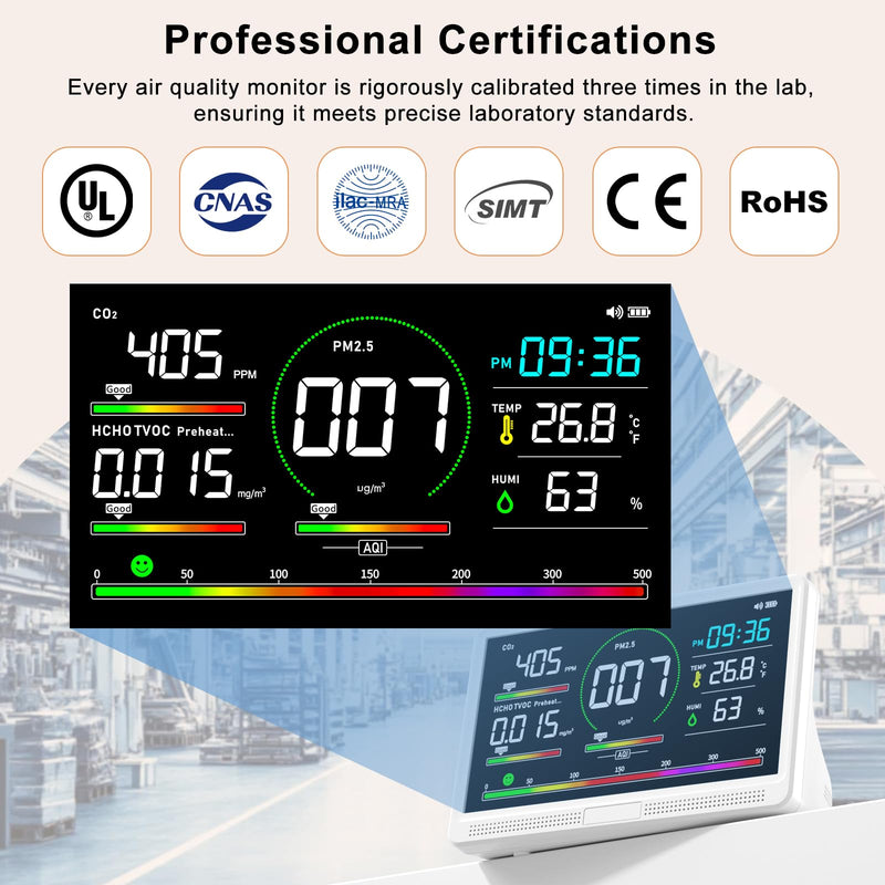 16 in 1 Air Quality Monitor Indoor 7" Display 9 AQI+7 AQI Alerts,Portable Air Quality Tester CO2, TVOC, PM2.5 PM1.0 PM10, HCHO Temperature Humidity Temp & Time Air Quality Meter for Home