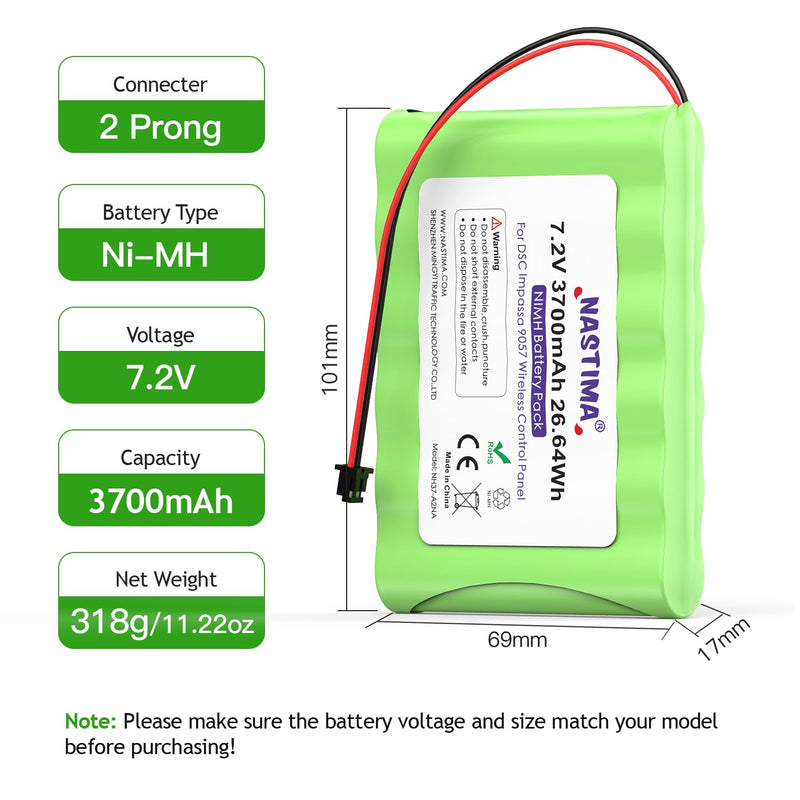 NASTIMA NIMH Battery Replacement for ADT DSC IMPASSA 9057 SCW9055 SCW9057 BH7236-SS 17000145 17000152 Wireless Home Security System | 7.2V 3700mAh 2 Prong
