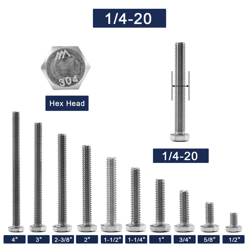 1/4-20 x 1 Hex Head Screw Bolt, 20Pcs 18-8 (304) Stainless Steel, Fully Threaded, Plain Finish, by SG TZH 20 1/4-20 x 1"