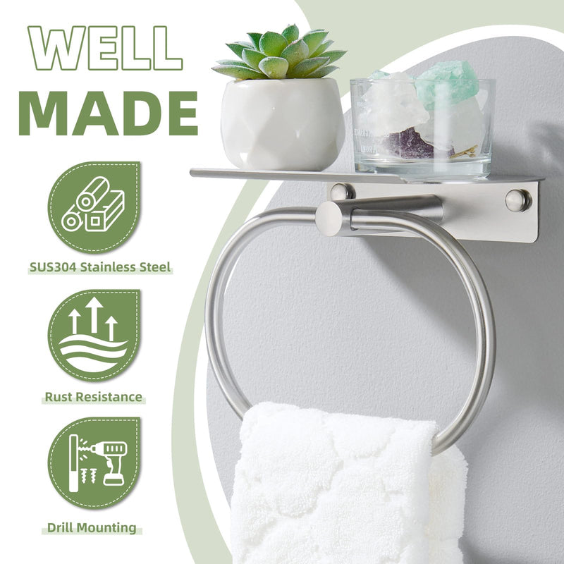 Angle Simple Hand Towel Ring Holder with Shelf for Bathroom Brushed Nickel | SUS304 Stainless Steel, Kitchen Towel Rack,Wall-Mounted