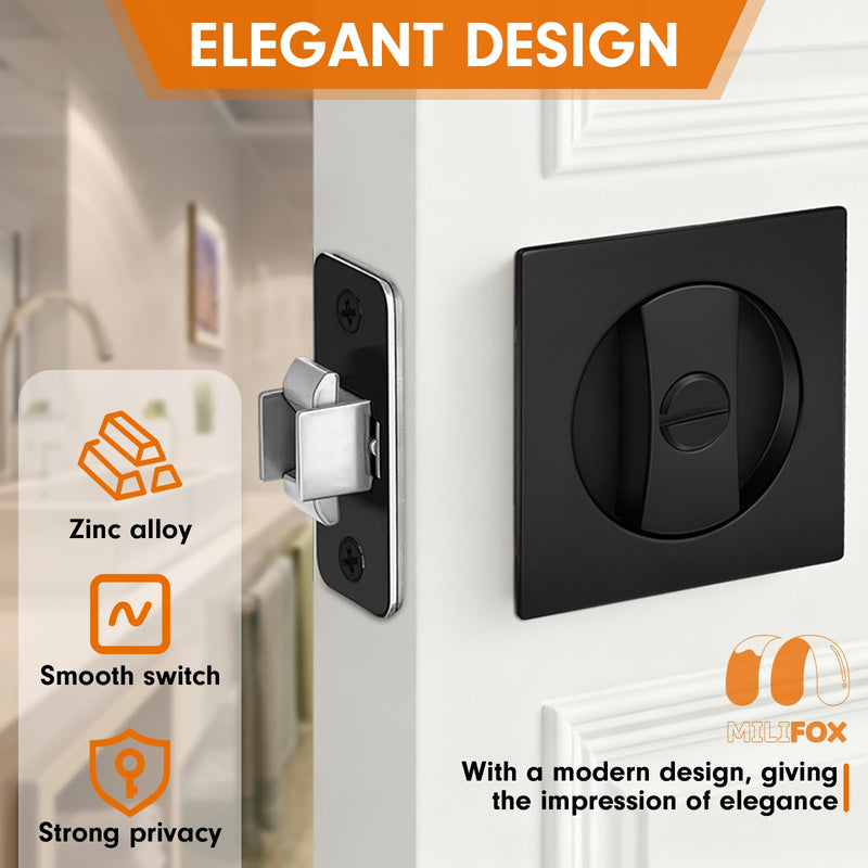 Pocket Door Lock, Pocket Door Hardware, Matte Black Privacy Lock with Edge Pulls for Bath, Bed, Kitchen, Fits 1-7/32” to 2” Thickness Door, 2-3/8" Backset